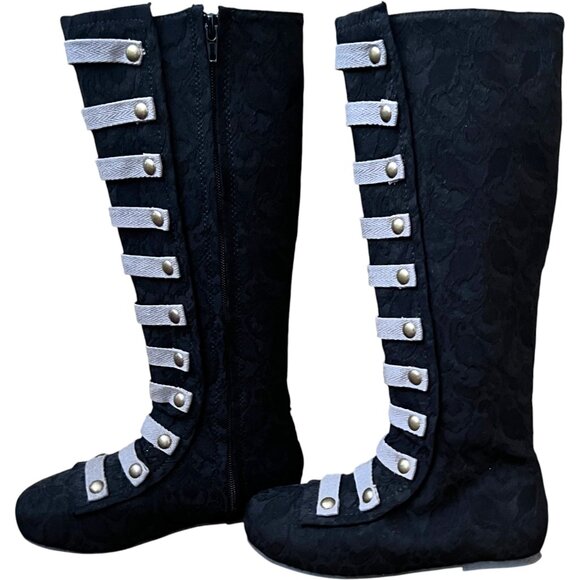 Joyfolie Leighton Black Lace Tall Boots with Grey Straps and Brass Studs Size 1 - Picture 3 of 8